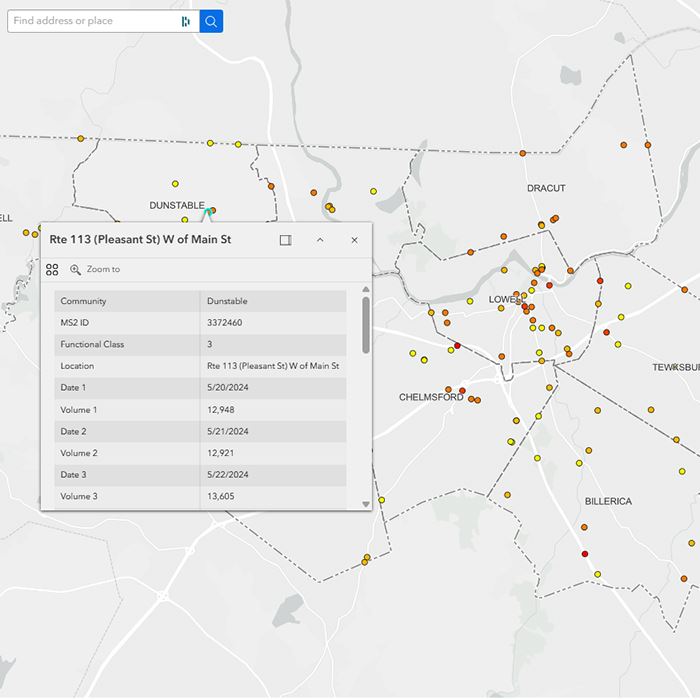 Screen grab of traffic counting dashboard showing data for Route 113 in Dunstable